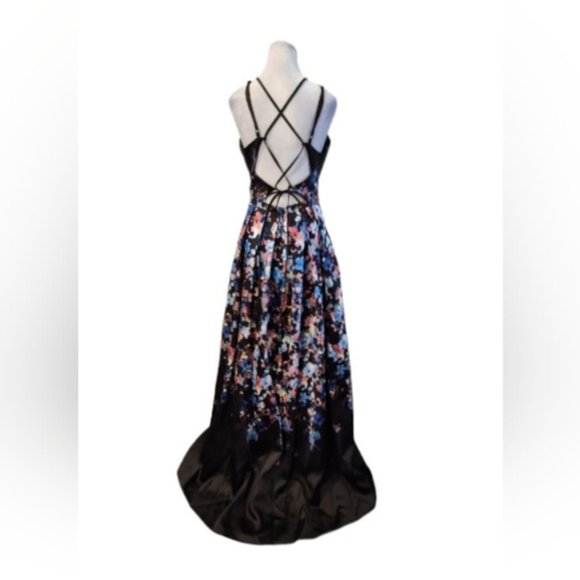 SOLD - Floral Rose Print Maxi Dress/Gown with Full Skirt and Trail. Open Back - Picture 3 of 12
